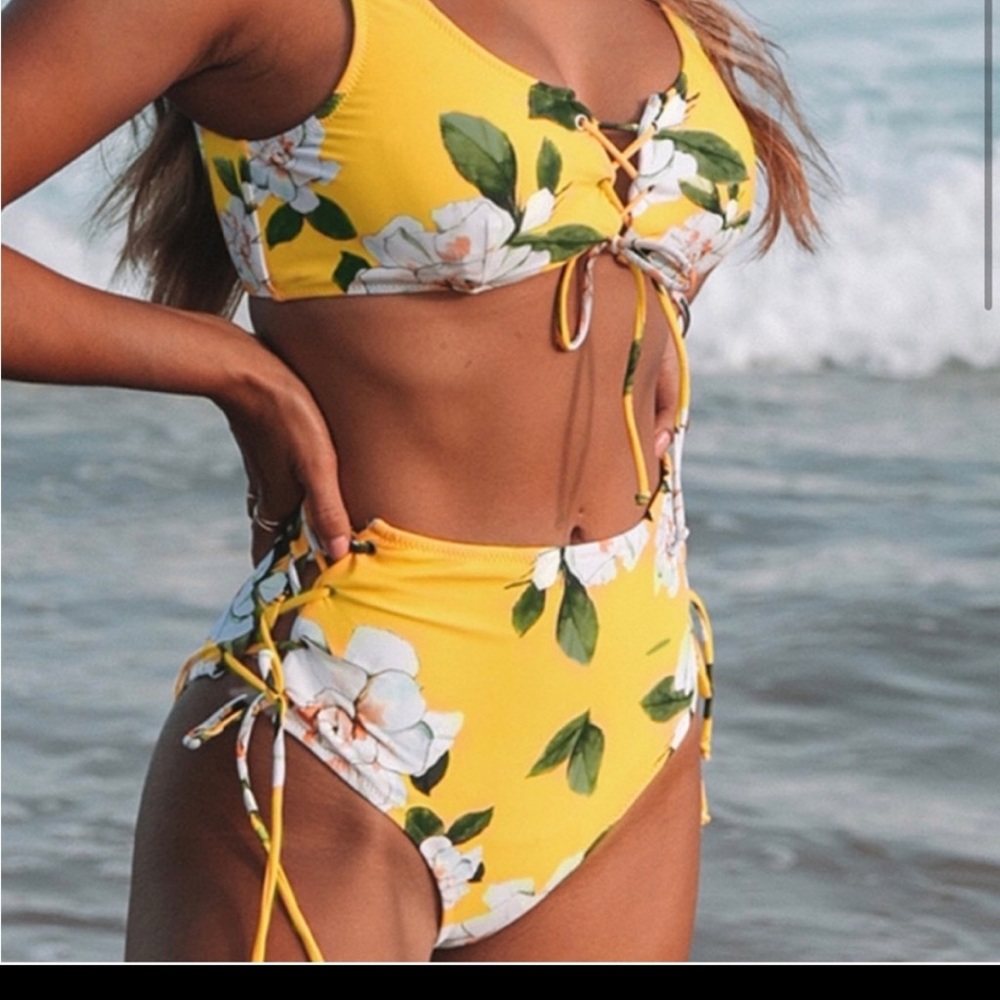 Cupshe two piece floral yellow swim suit high waist